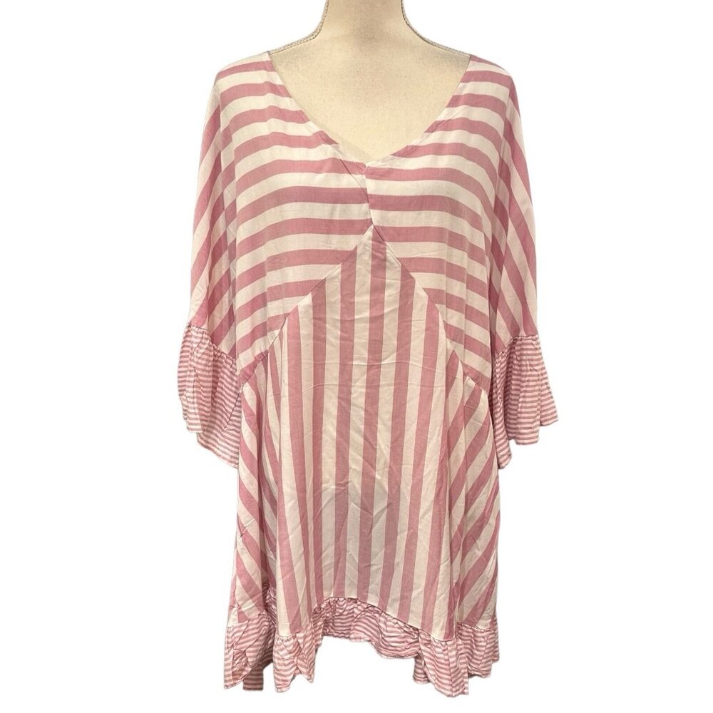 Evans Top Womens 22/24 Pink Contrast Striped Ruffle Trim Tunic Lightweight